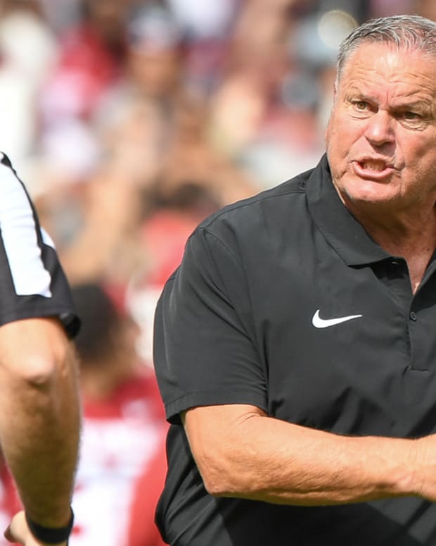 Razorbacks coach Sam Pittman on sidelines against Mississippi State on Saturday